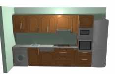Kuchyňka OLŠE. Kuchyň vytvořená na míru ve 3D. Viz perokresby Optima a vzorníky lamin a dvířek. 