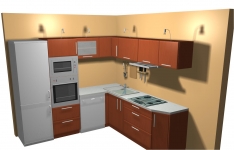 Kuchyňka rohová - TŘEŠEŇ . Kuchyň vytvořená na míru ve 3D. Viz perokresby Optima a vzorníky lamin a dvířek. 