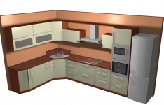 Kuchyňka třešeň-Vanilka. Kuchyň vytvořená na míru ve 3D. Viz perokresby Optima a vzorníky lamin a dvířek. 