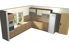 Kuchyň vytvořená na míru ve 3D. Viz perokresby Optima a vzorníky lamin a dvířek. 