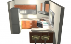 Kuchyň vytvořená na míru ve 3D. Viz perokresby Optima a vzorníky lamin a dvířek. 